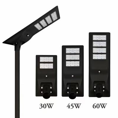 همه در یک چراغ خیابانی LED خورشیدی 45 وات با سیلیکون تک کریستال، جریان نور بالا، باتری لیتیوم 12.8V-30AH و کنترل از راه دور