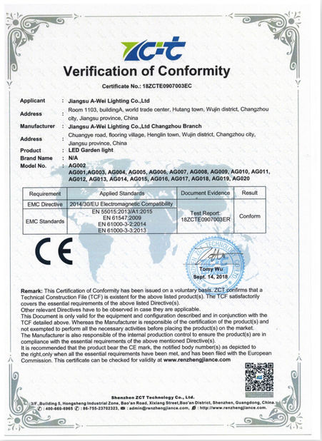 چین Jiangsu A-wei Lighting Co., Ltd. گواهینامه ها